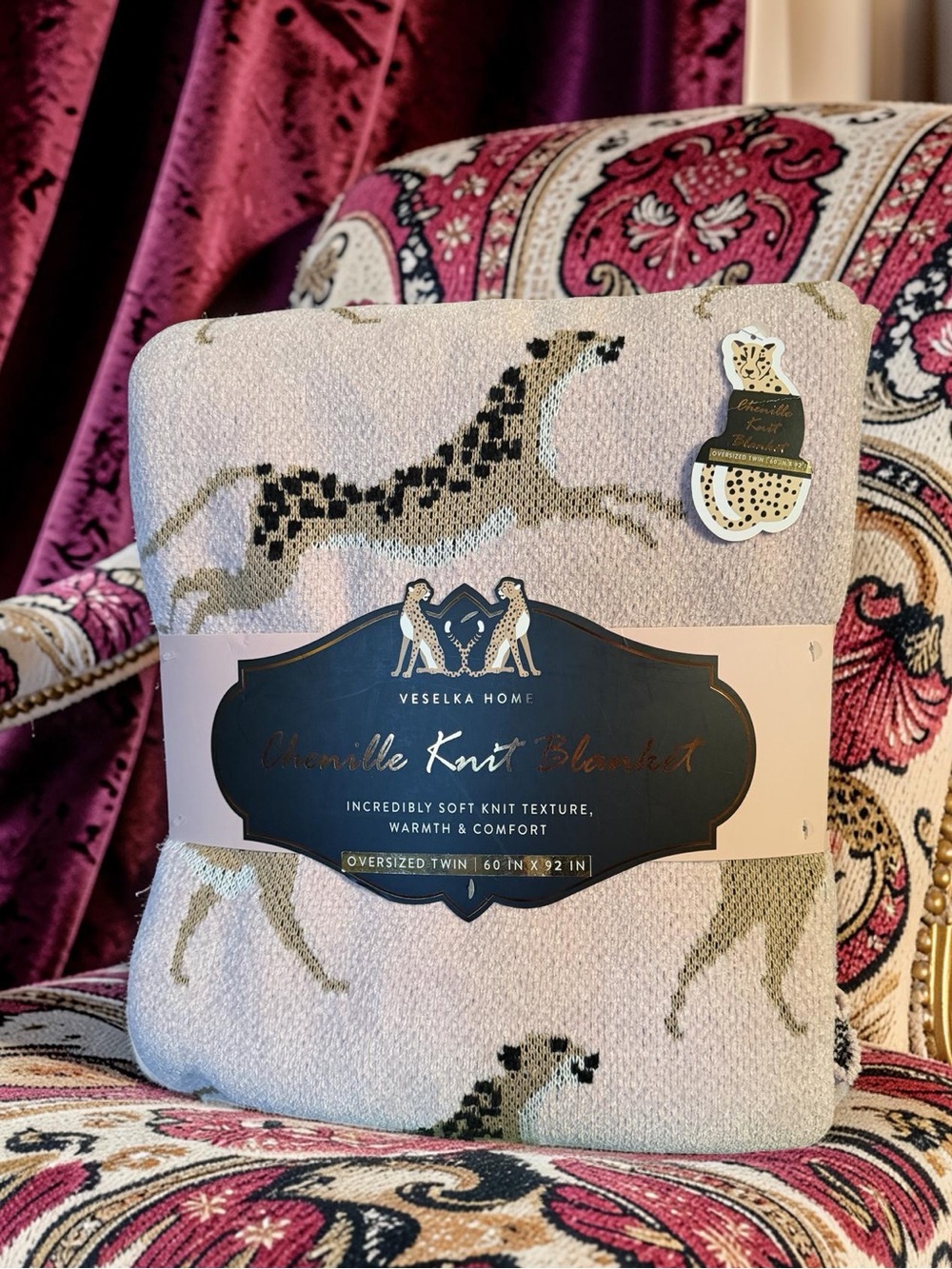 Veselka Home NWT Sz Twin Blush/Cream & Gold Chenille Knit Leopard Print Blanket